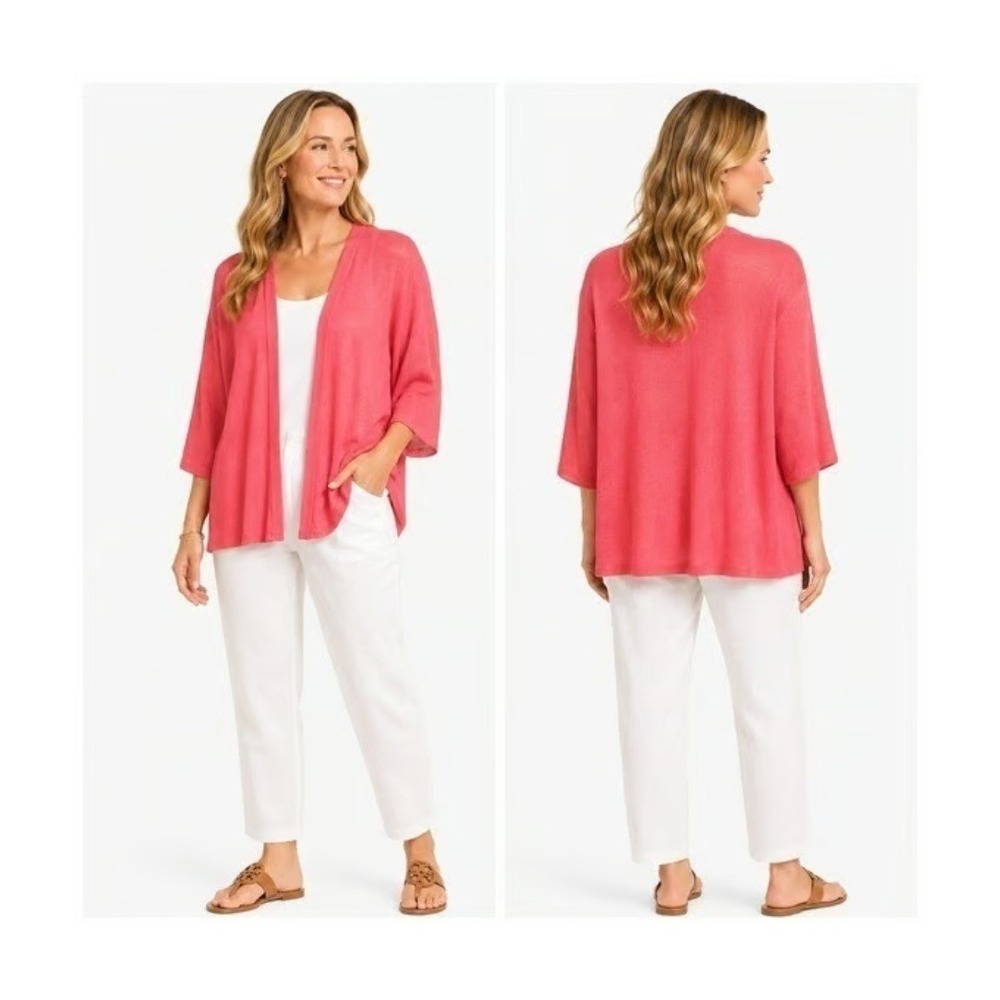 J.Jill Womens Linen Cotton Cardigan XL Pink Coastal Open Front 3/4 Sleeve Knit